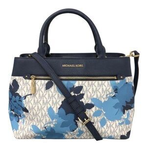 Michael Kors Hailee Medium Satchel Crossbody Navy Blue Floral Signature Logo